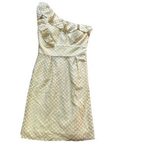 Size 2 - Women's ANTONIO MELANI One Shoulder Ruffle Beige Gold Cocktail Dress